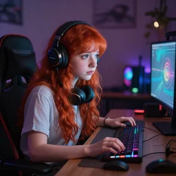 cute young redhead girl gaming at her desk in bedroom, rgb led, soft round face, dslr, wlop, artgerm, ultra realistic, trending on artstation, perfect lighting, high contrast, bokeh, sharp details, hasselblad, detailed