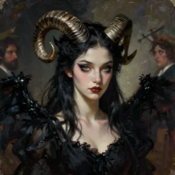 cool and bored looking succubus, portrait of a lady demon all dressed in black, beautiful face and eyes, ram horns on her head, close look, highly detailed, cel shaded, cinematic shot, trending on artstation, monumental painting by gerrit van honthorst and hajime sorayama and devis stuart, blurry background, high quality, detailed and chaotic background, brush strokes all