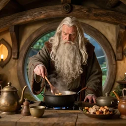 Gandalf cooking in a hobbits house