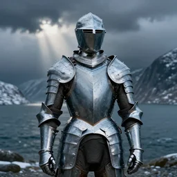 suit of armor made of water, water armor, norway fjord, medium close up portrait, hudson river school, max rive, water armor, studio lighting, stormy seas, beautiful, bokeh, snowy, storm clouds, god rays, d & d, fantasy, elegant, low key color palette, concept art, roger deakins and greg rutkowski and alphonse mucha