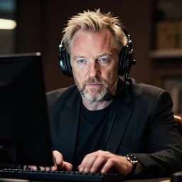 hipster Julian Assange wearing headset looking at computer epic, action cinematic, 4k, hyper realistic, super detailed, golden ratio, symmetrical face, highly detailed professional photo, centered, rim lights, vray caustics, color photo