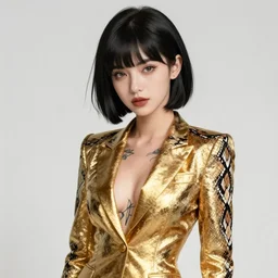 cute slim girl, gold suit jacket in snake print, jacket over bare torso, yakuza tattoo on body, black short curtain haircut, elegant, 2d, ultra highly detailed, digital painting, smooth, sharp focus, artstation, art by Ilya Kuvshinov
