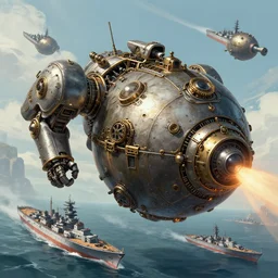 A Concept art of an Large Fantasy Steampunk Mech Bombing a Fleet of naval ships