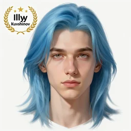 ilya kuvshinov with long hair, sky blue hair, hazel eyes, boyish face, professional digital painting, concept art, award - winning photography, cinematic, stained glass window, awe, regal, wlop, pixiv art, yoshitaka amano