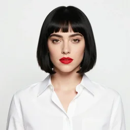 a photograph of a Daisy Ridley with red lipstick and black bob with fringe, wearing a white shirt, seated at a table, drinking a milkshake with a straw, by A.M. Cassandre, medium format photography, Hasselblad, film