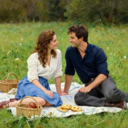 attractive bradley james and attractive colin morgan go by themselves, only the 2 of them to a meadow to have a picnic. highly detailed painting by gaston bussiere, craig mullins, j. c. leyendecker 8 k