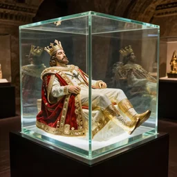 a completely transparent glass cube in which the king's body has been perfectly preserved. he is dressed in all his regal finery. his body is beautifully preserved and the display is magnficent. the display is in the catacombs and is beautifully lit