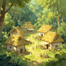 a cozy fantasy village in a shaded forest, marketplace, thatched houses, yellow and greens, sun rays, peaceful james gurney