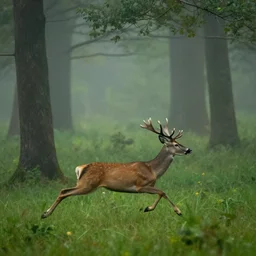 a misty forest scene, lush. a startled deer is fleeing, 4 k octane, award winning