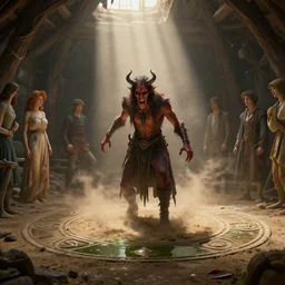 A demon in a summoning circle trying to summon a human in his moms attic, humor, funny, irony, mist, sunrays, dust in the air, DnD character, unreal engine, octane render, dramatic lighting, pond, digital art, by Stanley Artgerm Lau, greg rutkowski, thomas kindkade, alphonse mucha, loish, norman Rockwell,