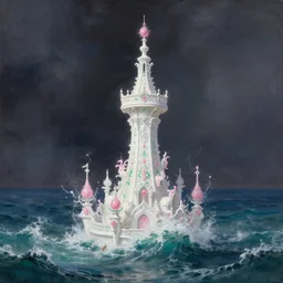 a delicate ornate white fantasy tower with pink and green decoration splashes upwards from a turbulent ocean, dramatic lighting, rich colors, beautiful painting by rhads and artgerm and greg rutkowski