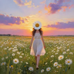 girl walking in flower field, daisy flower as a face, full body, surreal photography, sunrise, impressionist painting, colorful clouds, digital painting, artstation, simon stalenhag, flower face