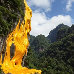 color photo of a massive liquid gold sculpture in jungle mountains, photography by werner herzog