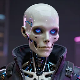 bladerunner, cyberpunk, angled facial portrait of a bone ceramic caliente humanoid robot Spanish ninja with an attractive bald head and handsome features, large glowing eyes, macho, piroca, dotado, guapo, reflective surface, overwatch, trending on cgsociety, trending on artstation