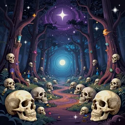 skulls, enchanted cosmic forest, stars in the sky, psychedelic, wide angle shot, vector art, optical illusion, heavenly, 4 k, fantasy poster by helen huang and frank frazetta and salvador dali