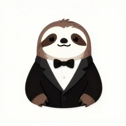 sloth wearing tuxedo, 3 d logo, vector illustration, aesthetic, minimalistic