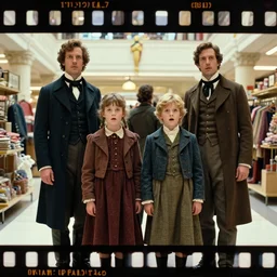 sharp, highly detailed, 8k film, 105mm film, high quality frame scan from a sci fi blockbuster color movie made in 2019, a family of four time travelers from 1860 travel in time to 2019, appearing in a shopping mall, looking surprised, the family are all wearing 1860s era clothes, good lighting, in focus, cinematic still, high quality scan, in focus, 35mm macro lens, oscar winner, award winning lighting, award winning photography