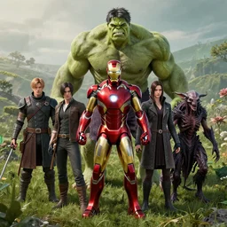 portrait of marvels ( ( ( ( ( ( ( ( ( ironman ) ) ) ) ) ) ) ) ) hulk by hr giger, greg rutkowski, luis royo and wayne barlowe as a diablo, resident evil, dark souls, bloodborne monster, elden ring creature : : in a garden, grassy field, large field in the background