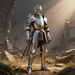 fantasy knight in polished shiny armor, stay on battlefield, cinematic, wide shot, dramatic light, artstation, unreal engine 5, volumetric light, sharp focus, digital art