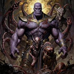 the platonic ideal spawn of cletus kasady ultimate carnage thanos dementor doctor manhattan chtulu nazgul, detailed, intricate, hyperrealism, intense, scary, decay, dmt, art by brock hofer and artgerm and greg rutkowski and alphonse mucha