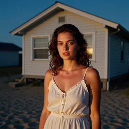 home photography portrait, a house of a woman who i met on the beach ; night, summer, color vhs picture quality with mixed noise