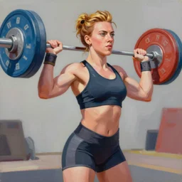 greg manchess portrait painting of scarlett johansson as weightlifter zarya from overwatch, medium shot, robust body, asymmetrical, profile picture, organic painting, sunny day, matte painting, bold shapes, hard edges, street art, trending on artstation, by huang guangjian and gil elvgren and sachin teng