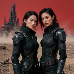 cinestill 5 0 d 3 5 mm photographic portrait of two loving female androids wearing rugged black techwear on a desolate plain with a red sky, extreme closeup, lizard on ground, cyberpunk style, a brutalist dark metal facility in background, dust storm, 8 k, high resolution, f / 3. 2, ultra realistic faces
