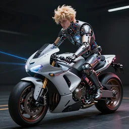 androgynous blond man riding a futuristic motorbike, futuristic , very detailed, dramatic laser lighting, detailed mechanical hands, electrical  details, high details, 4k, 8k, trending on artstation, by Hajime Sorayama and Boris Vallejo