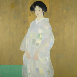 painting of a irish half japanese woman in flowing translucent kimono, yukio - e, klimt