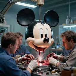 bloody mickey mouse head lifted by claw, it is being fixed by few mechanics / workers in lab facility, made by beeple, cgsociety, artgerm, greg rutkowski, highly detailed intricate 4 k art, low light cinematic, octane render, unreal engine,