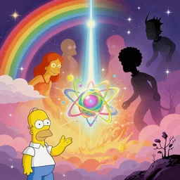 dawn of creation ; first atom ; beings of light and darkness ; ethereal plane. vibrant rainbow colors. homer simpson. illustrated by maurice sendak stephen gammell junji ito dr seuss tsutomu nihei keith thompson graham ingels