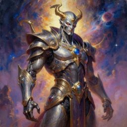 A cyborg embodiment of entropy as the ultimate tyrant emperor of the universe. Realistic sci-fi concept. Trending on ArtStation. A vibrant digital oil painting. A highly detailed fantasy character illustration by Wayne Reynolds and Charles Monet and Gustave Dore and Carl Critchlow and Bram Sels