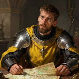 Closeup of frustrated male medieval lieutenant with a {short} beard wearing a black!!!! and yellow tabard over a steel breastplate and a black gambeson looking up from a map on a table, intricate, dramatic lighting illustration by Greg Rutkowski, ArtStation, digital art, fantasy