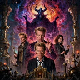highly detailed mix of willem dafoe, christopher walken, michael emerson, evil wizard, intricate colorful cosmic smoke magic, baroque victorian steampunk city vista, artstation, style of andreas rocha, hiroshi nagai, dan mcphalin, ian mcque