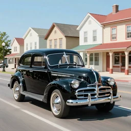 in the style of norman rockwell, thomas kinkade, 1 9 4 8 desoto car, black, driving through a 1 9 5 0 s town that's on fire, during the purge, night time, elaborate, high saturation, heat haze, drone shot, violence, people shooting at each other, people beating each other