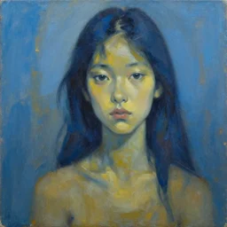 an abstract painting of a girl looking away from you, with dark blue and muddy yellow colors and a blue background