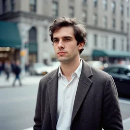 medium format portrait of a human - looking time traveler in new york by a 1 9 6 0 s street photographer, hasselblad film shallow focus portrait, male portrait presented on unsplash, soft light photographed on expired color film