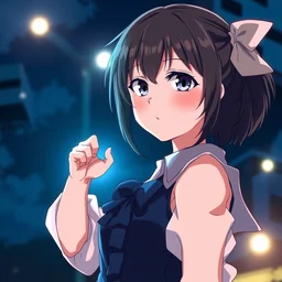 highly detailed anime girl striking a dramatic pose at night with bright lights behind, upper body shot, beautiful face and eyes. key visual by haruko ichikawa, kyoto animation, square enix makoto shinkai,