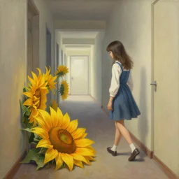 a painting of a girl walking in a hallway and suddenly finds a giant sunflower on the floor blocking her way, art by greg manchess, guangjian, detailed digital art, artstation hd