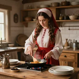 babouchka cooking in old 1 9 0 0's wooden kitchen, pan and plates, hyperdetailed, artstation, cgsociety, 8 k