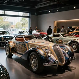 retro futuristic vintage cars in showroom, atmospheric lighting, painted, intricate, volumetric lighting, beautiful, daytime, sunny weather, slight overcast, sharp focus, deep colours, ultra detailed, by leesha hannigan, ross tran, thierry doizon, kai carpenter, ignacio fernandez rios