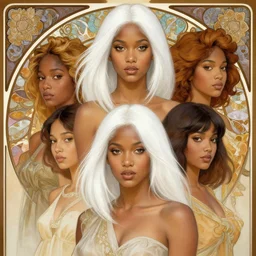 handsome and beautiful black women with shoulder length white hair, half body shot, path traced, highly detailed, high quality, digital painting, alena aenami, lilia alvarado, shinji aramaki, karol bak, alphonse mucha, tom bagshaw