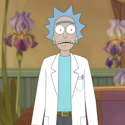 a portrait of rick sanchez wearing white lab coat with background scenery by juergen teller, iris van herpen