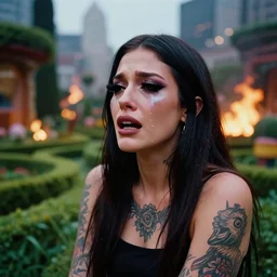 a streetwear mixed woman wearing thick mascara in a brutalist topiary garden, crying, a city on fire in the background, tattoos, dark glitter makeup, Cinestill 50d, 4k, 8k, hd, full color, octane render, trending on artstation, highly detailed, depth of field, bokeh