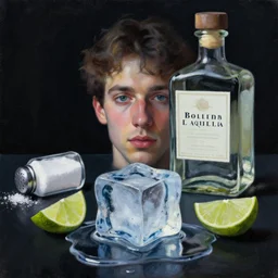 award winning oil painting portrait of an ice cube starting to melt in the forefront surrounded by a lime wedge, an empty bottle of tequila and fallen salt shaker. black background