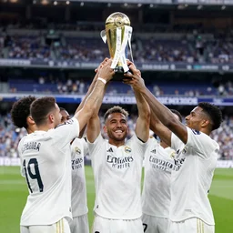real madrid fc team lifting a fax