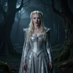 portrait of ((mischievous)), baleful young (Cate Blanchett) as Galadriel as a queen of fairies, dressed in a beautiful silver dress. The background is a dark, creepy eastern europen forrest.  night, horroristic shadows, high contrasts, lumnious,  photorealistic, dreamlike, (mist filters), theatrical, character concept art by ruan jia, thomas kinkade, and J.Dickenson, trending on Artstation