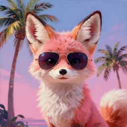 fennec fox, pink, palm trees, furry, cute, disney zootopia, concept art, aviator sunglasses, synthwave style, artstation, detailed, award winning, dramatic lighting, miami vice, oil on canvas