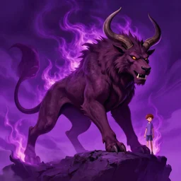 a amazing picture of hell, cerberus, purple fire, sky, a boy, by greg rutkowski and thomas kinkade, trending on artstation