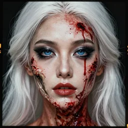 skeleton covered with blood, jessica nigri face!!, highly detailed face, long white hair, beautiful blue eyes, black heavy eyeliner, ultra realistic, concept art, intricate details, photorealistic, octane render, 8 k, unreal engine. retro film still, heavy grain, 3 5 mm, art by artgerm and greg rutkowski and alphonse mucha